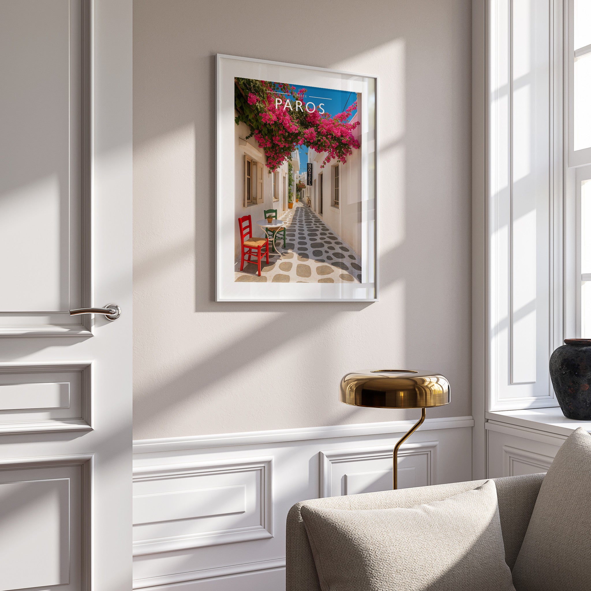 Paros Travel Poster in a white frame on a panelled wall