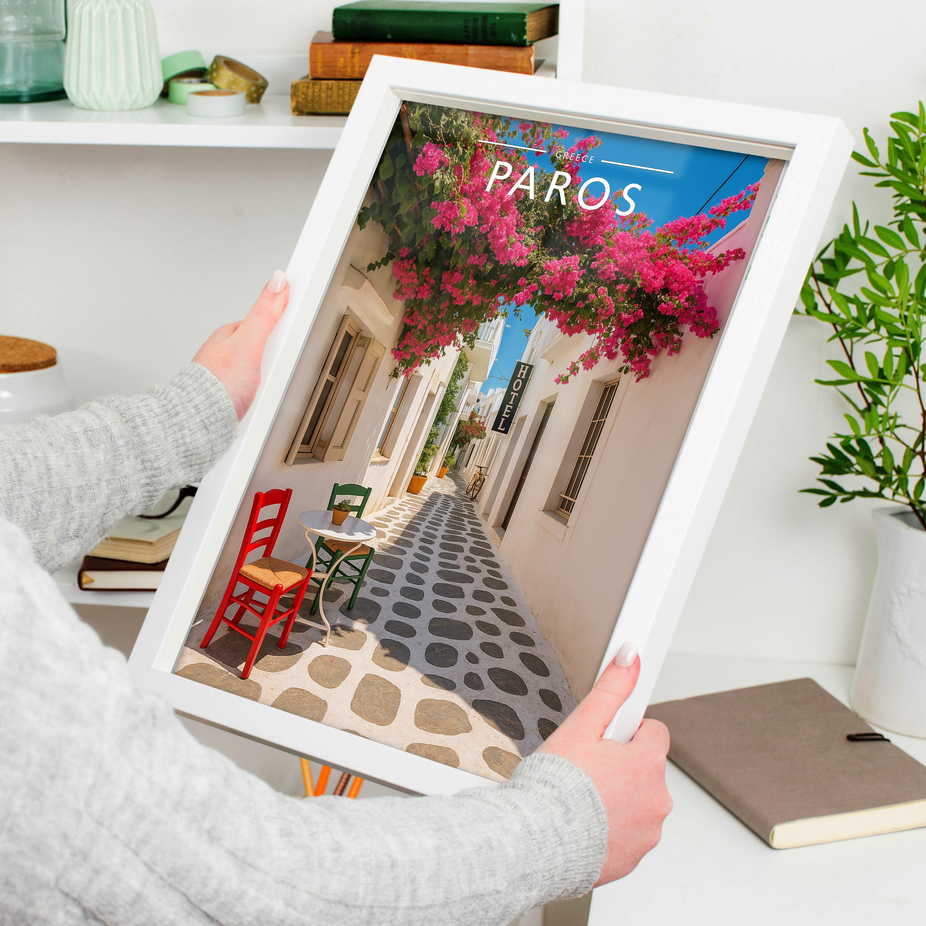 Paros Travel Poster held in a white frame