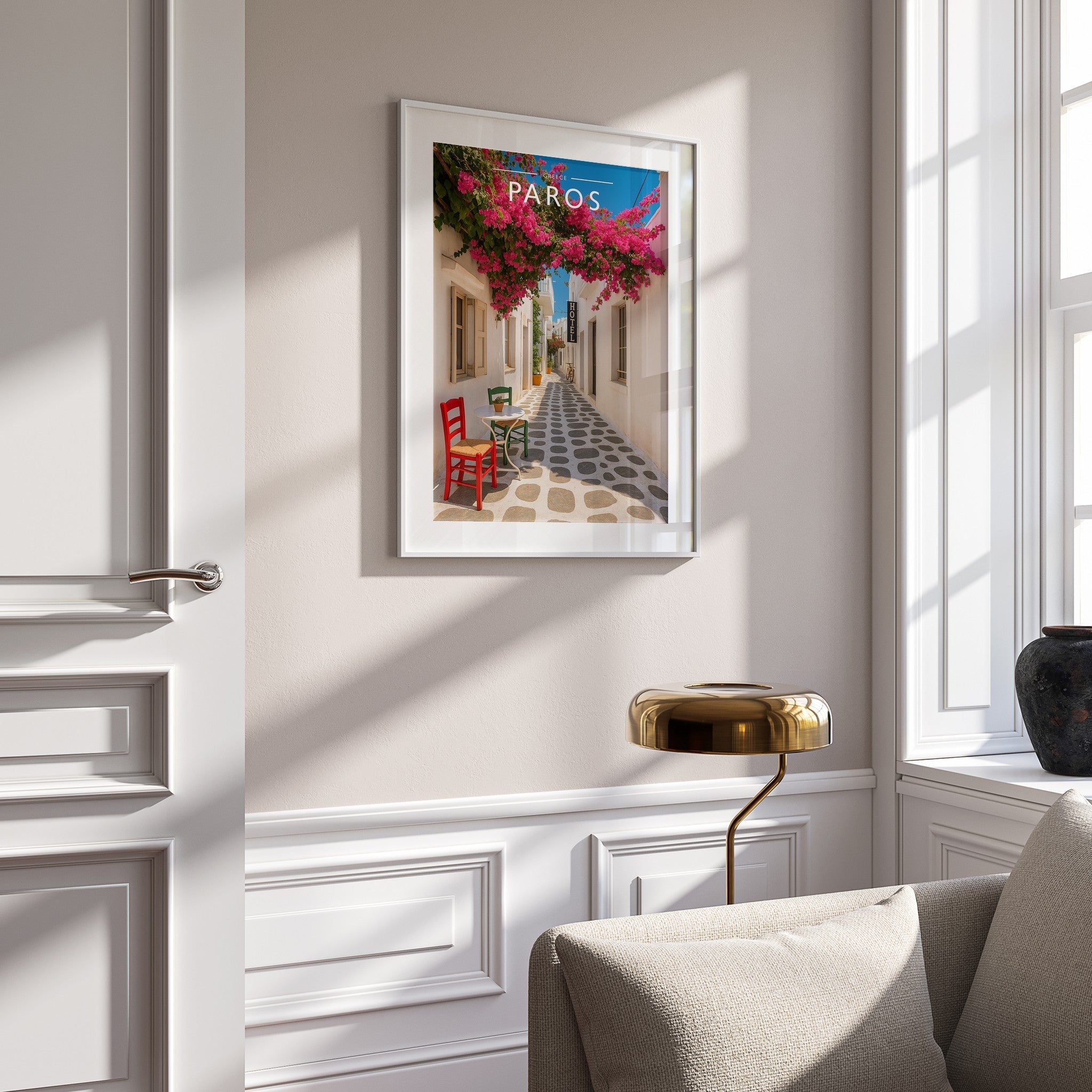 Paros Travel Poster mounted in a white frame