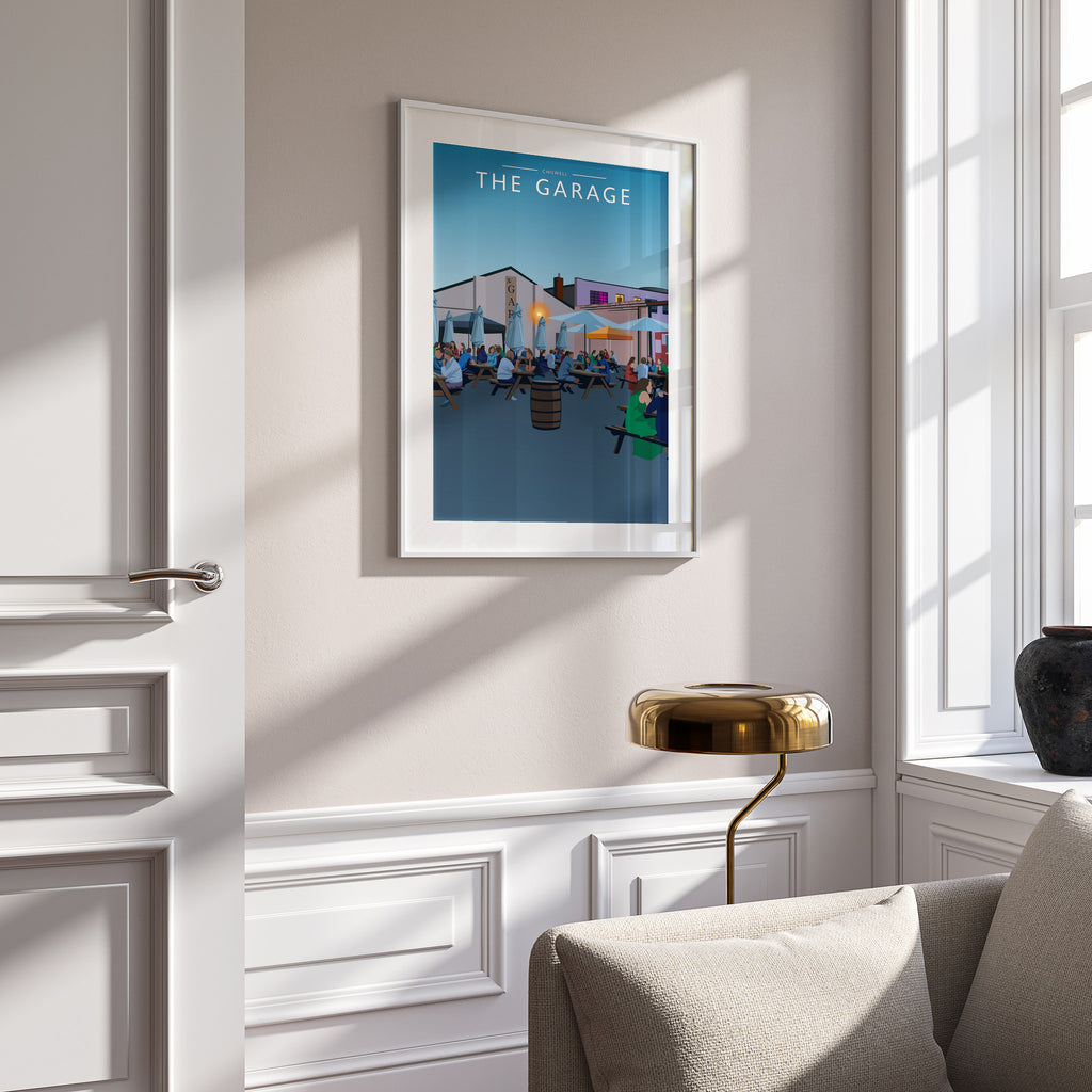 Chilwell Travel Poster in a white frame on a panelled wall