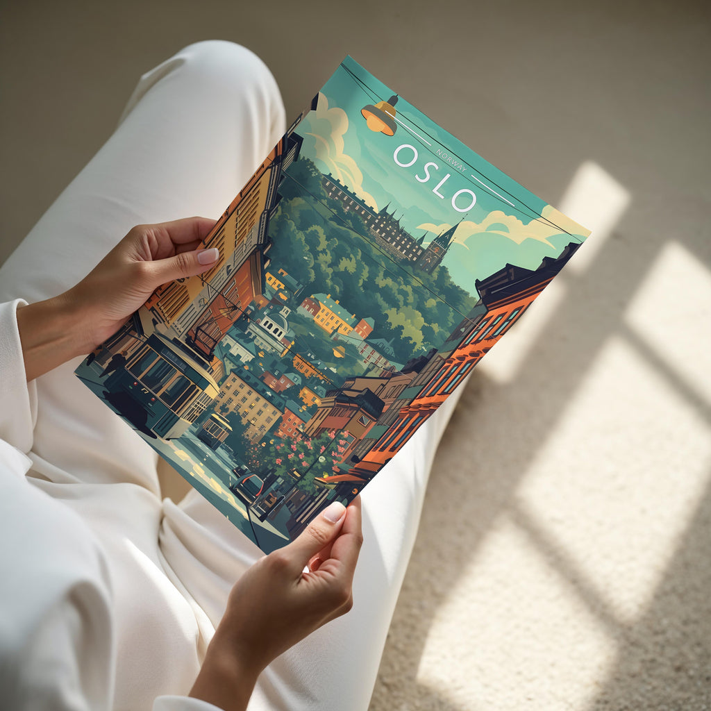 Oslo Travel Poster - A4 print held in hand