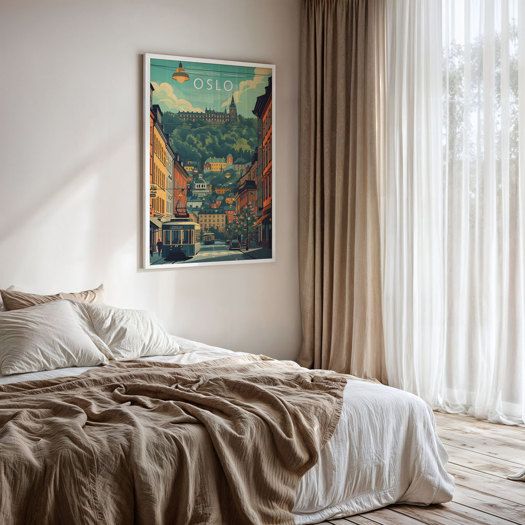 Oslo Travel Poster framed on a bedroom wall