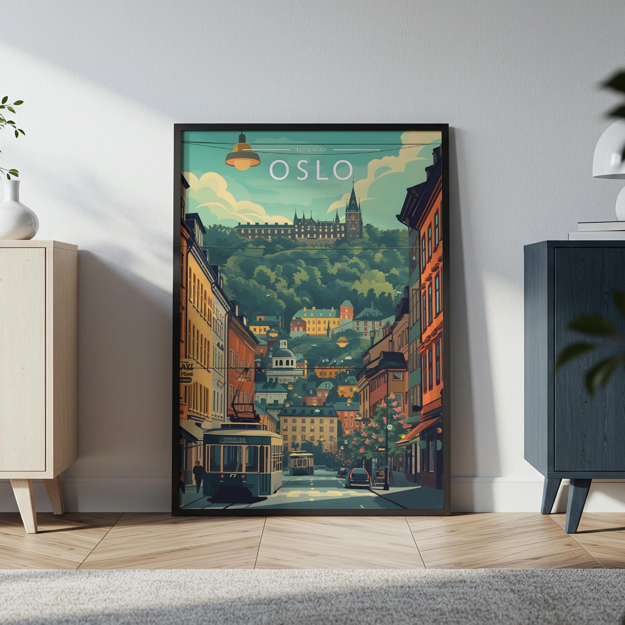 Oslo Travel Poster in a black frame