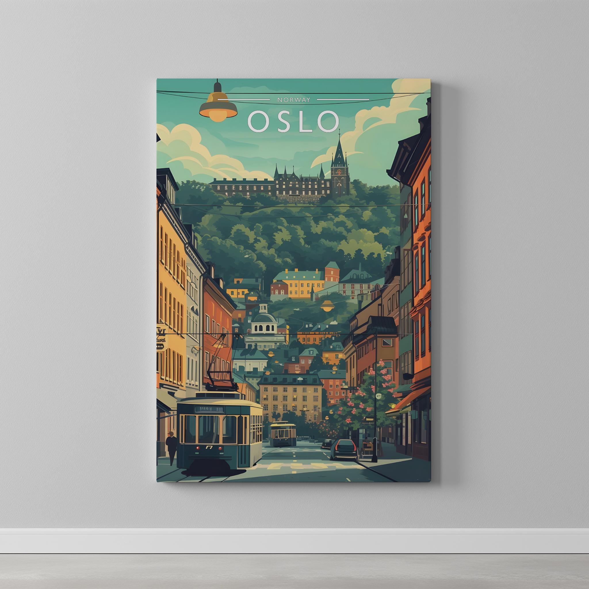 Oslo Travel Poster as a gallery-wrapped canvas on a plain wall