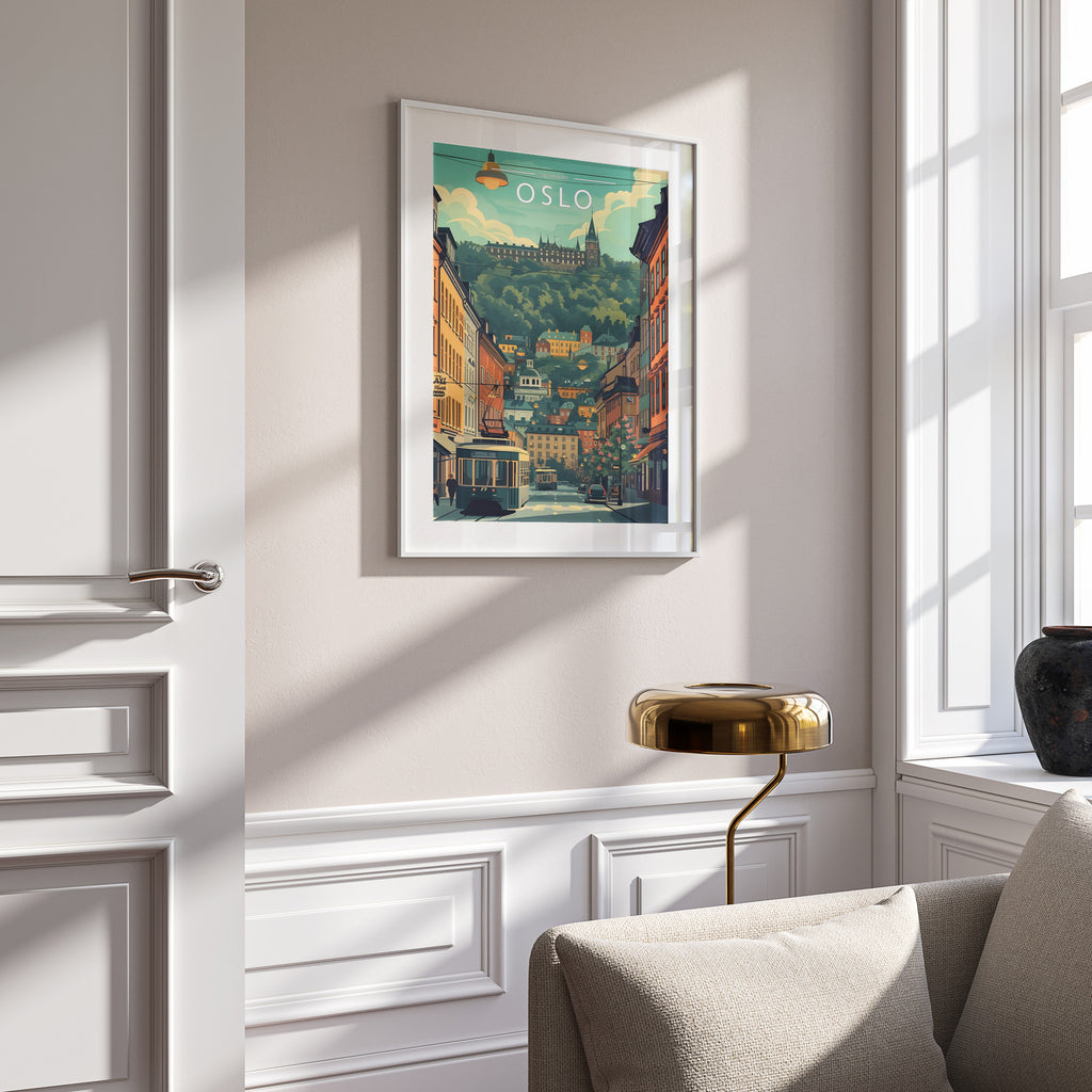 Oslo Travel Poster in a white frame on a panelled wall
