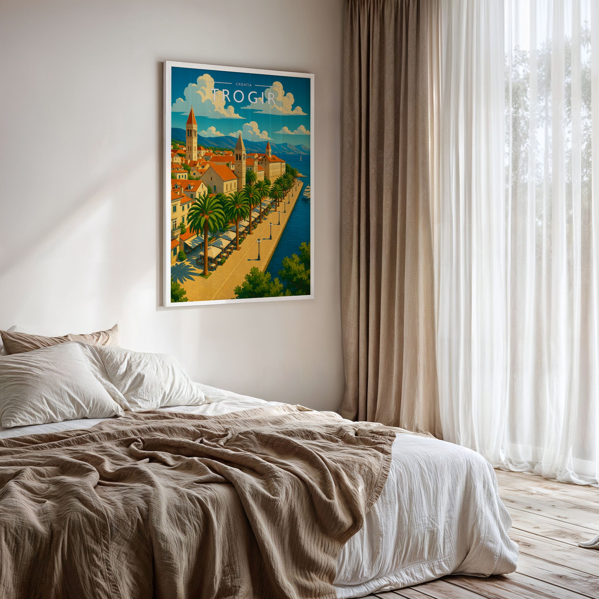 Trogir #2 Travel Poster framed on a bedroom wall