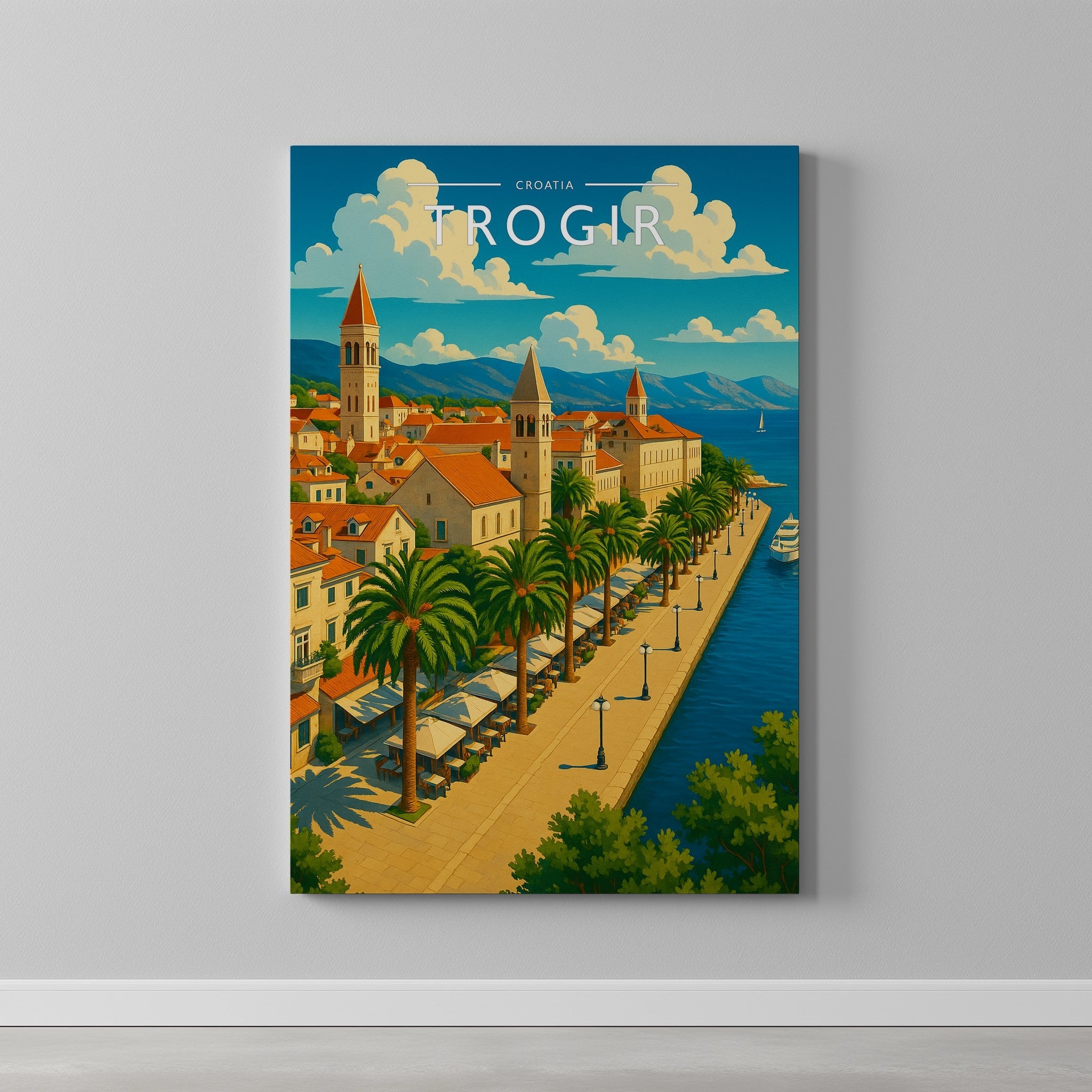 Trogir #2 Travel Poster as a gallery-wrapped canvas on a plain wall