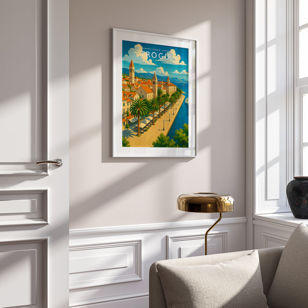 Trogir #2 Travel Poster in a white frame on a panelled wall