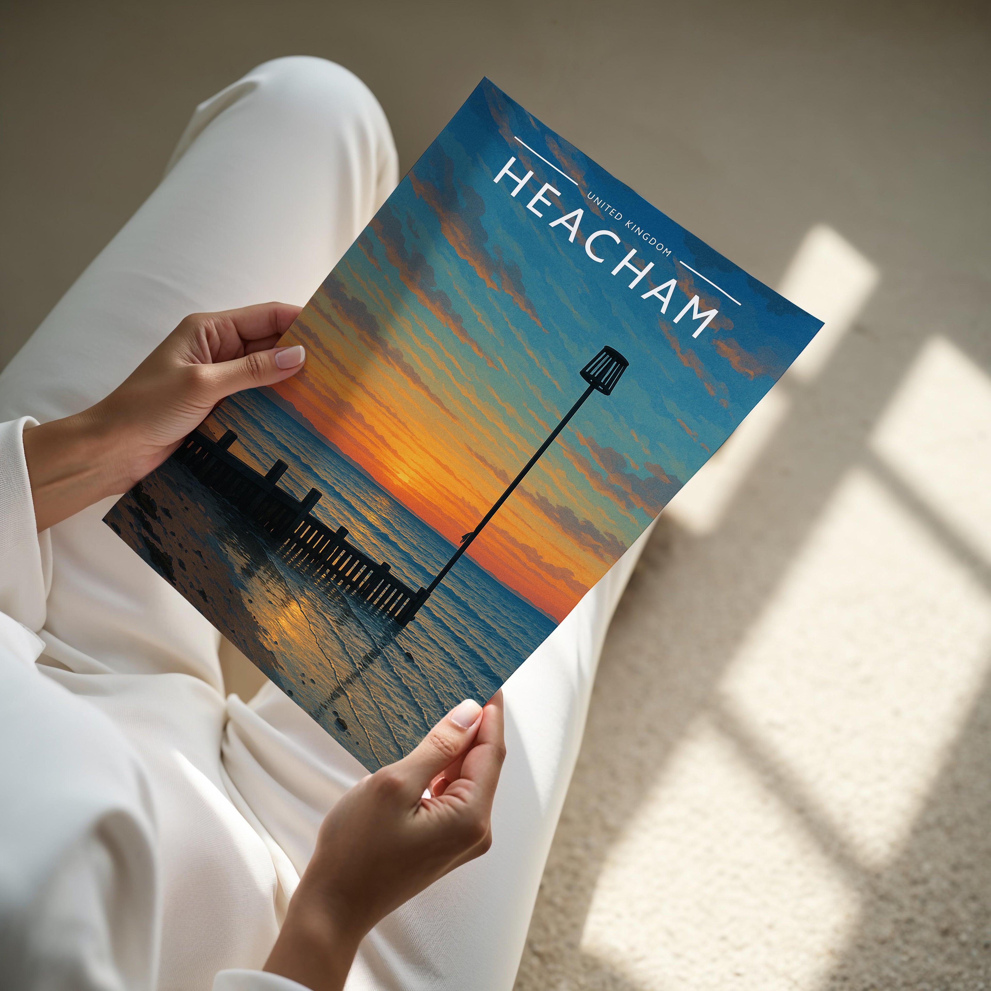 Heacham Travel Poster - A4 print held in hand