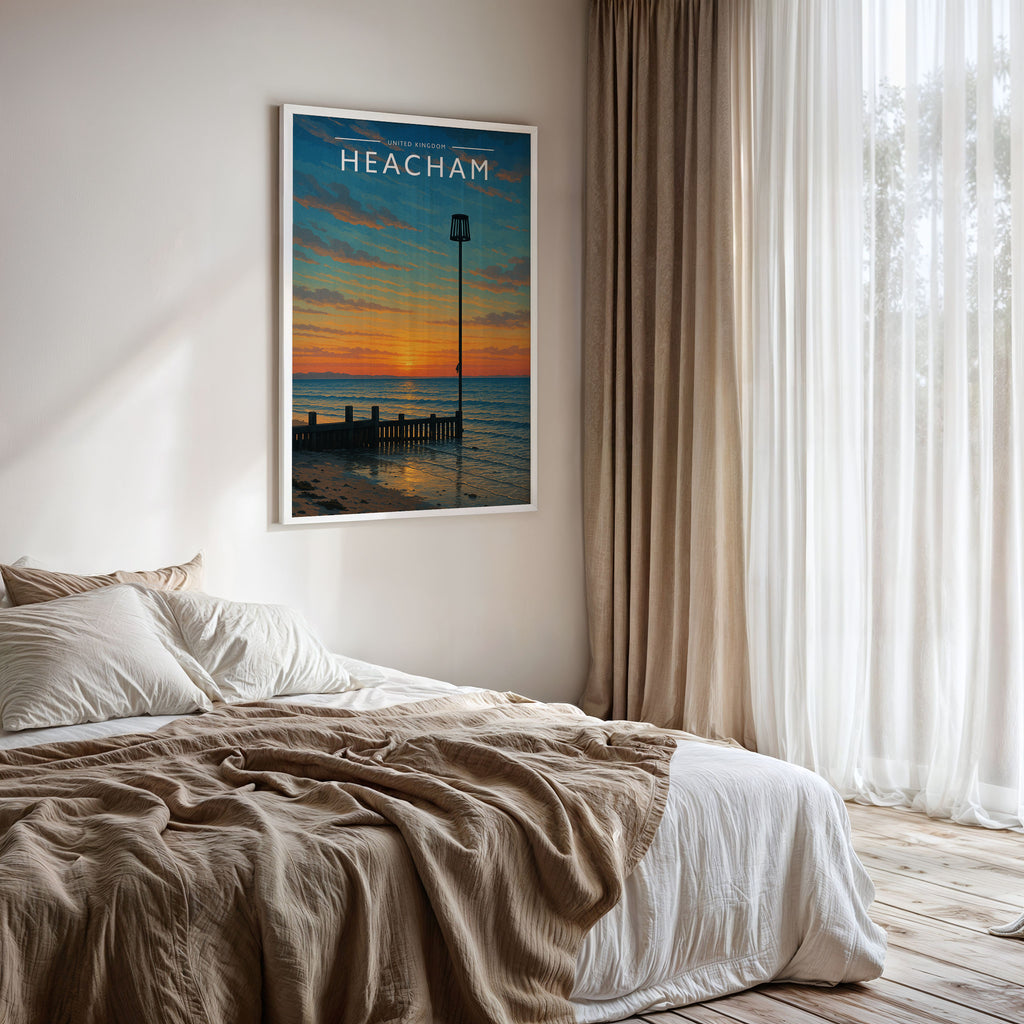 Heacham Travel Poster framed on a bedroom wall