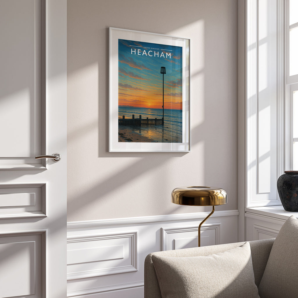 Heacham Travel Poster in a white frame on a panelled wall