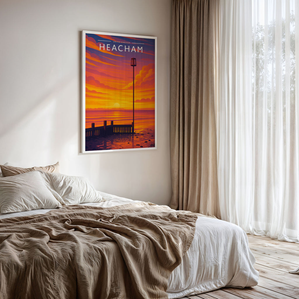 Heacham #2 Travel Poster framed on a bedroom wall