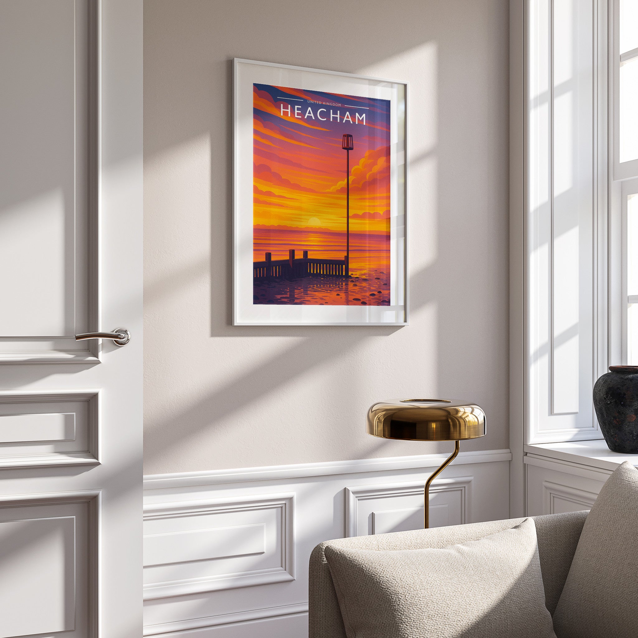 Heacham #2 Travel Poster in a white frame on a panelled wall