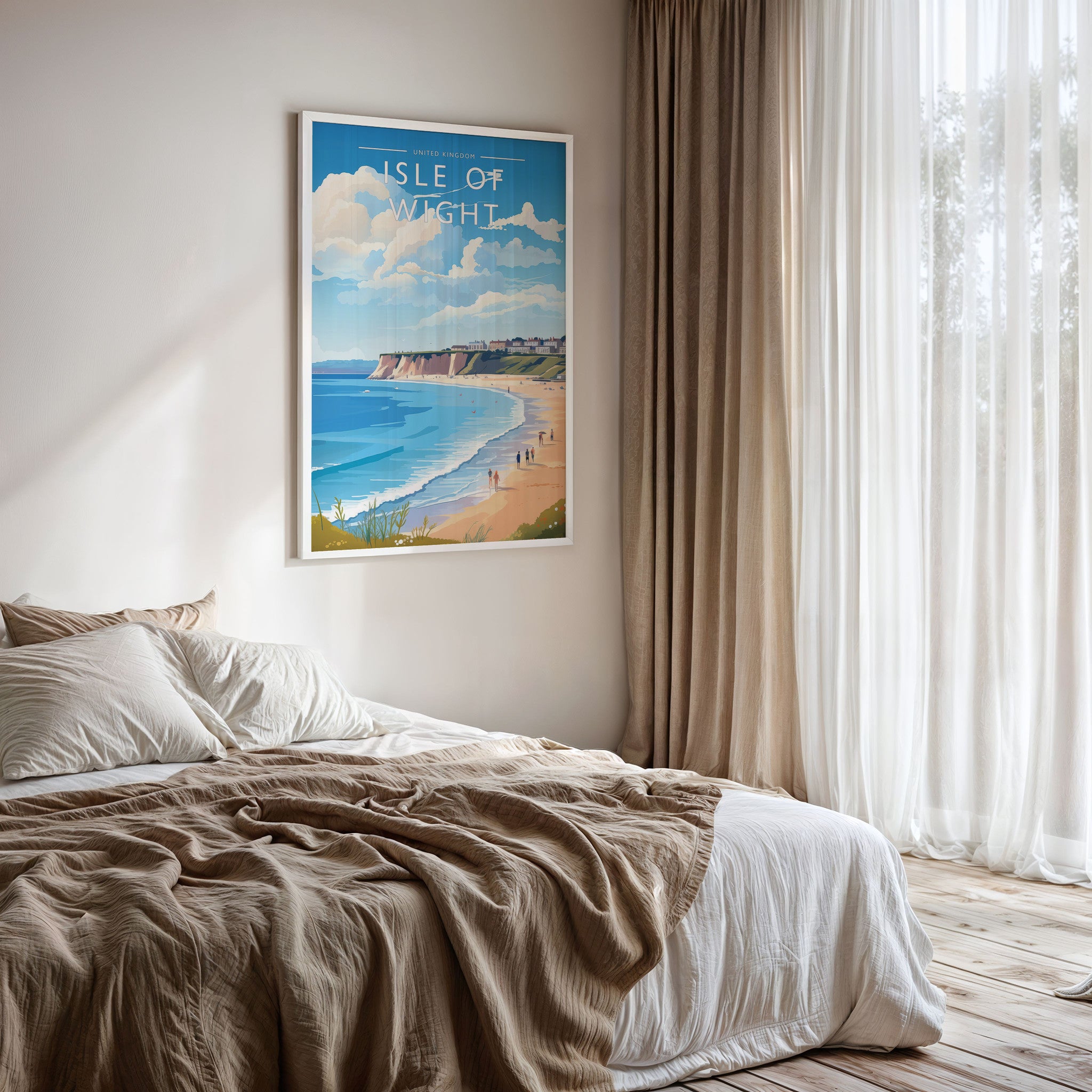 Isle of Wight Travel Poster framed on a bedroom wall