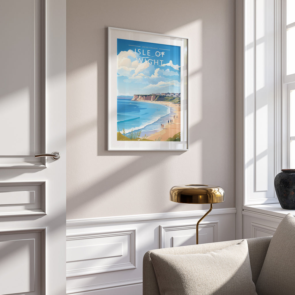 Isle of Wight Travel Poster in a white frame on a panelled wall