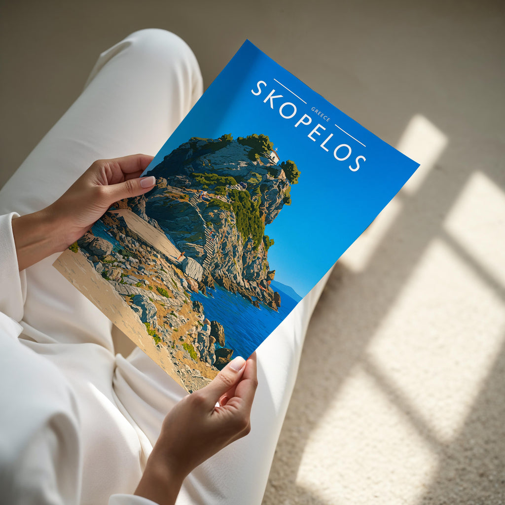 Skopelos Travel Poster - A4 print held in hand
