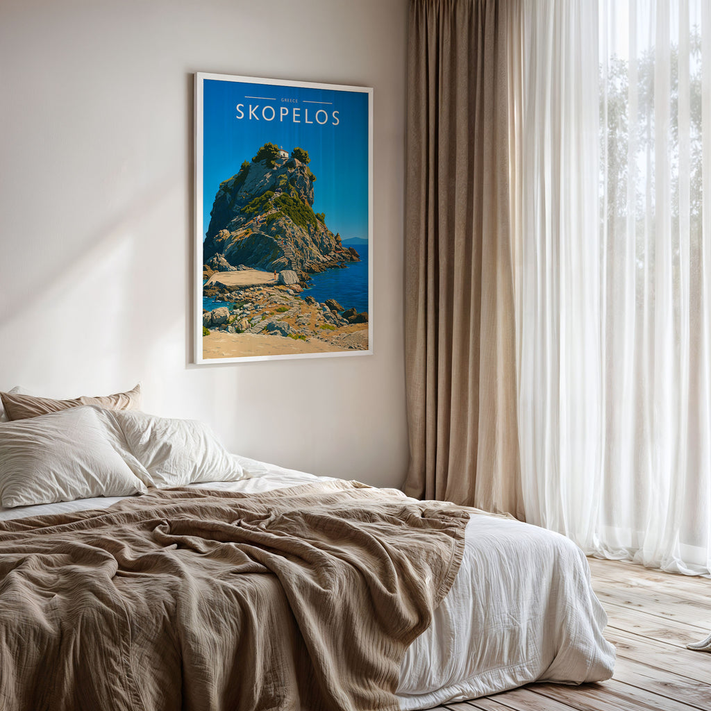 Skopelos Travel Poster framed on a bedroom wall
