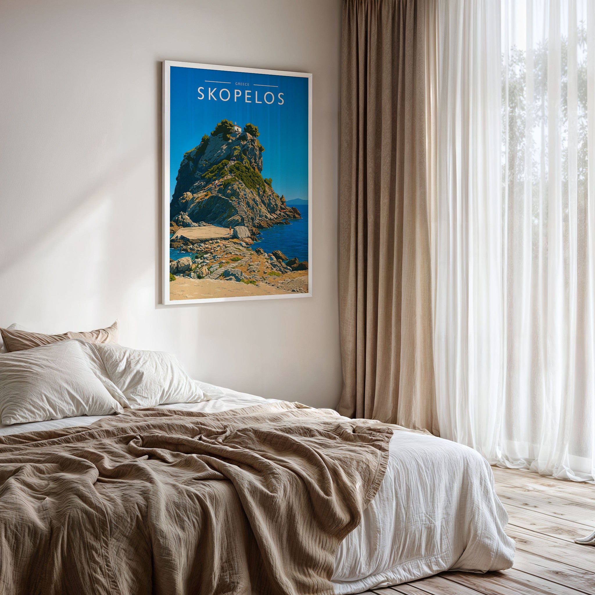 Skopelos Travel Poster framed on a bedroom wall