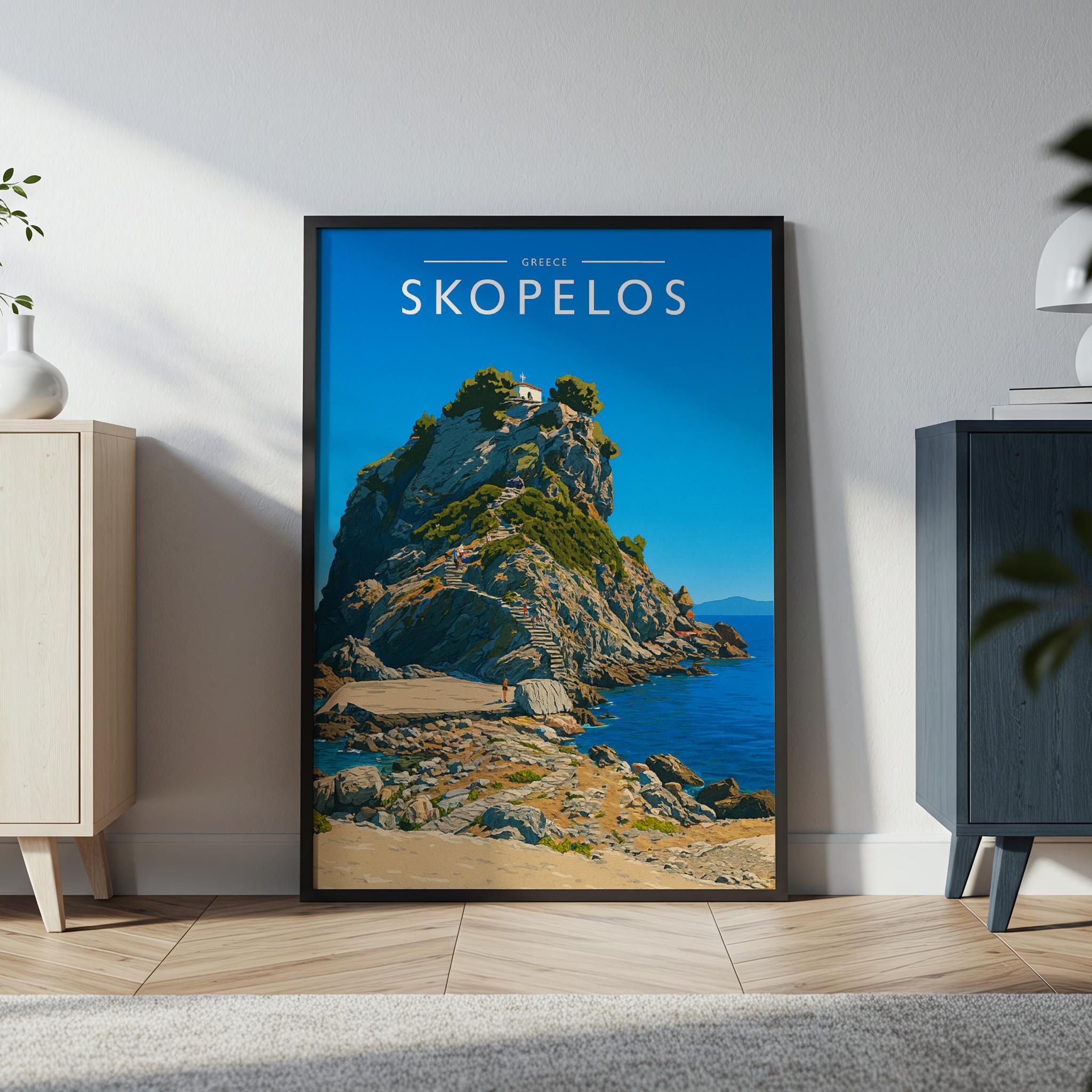 Skopelos Travel Poster in a black frame
