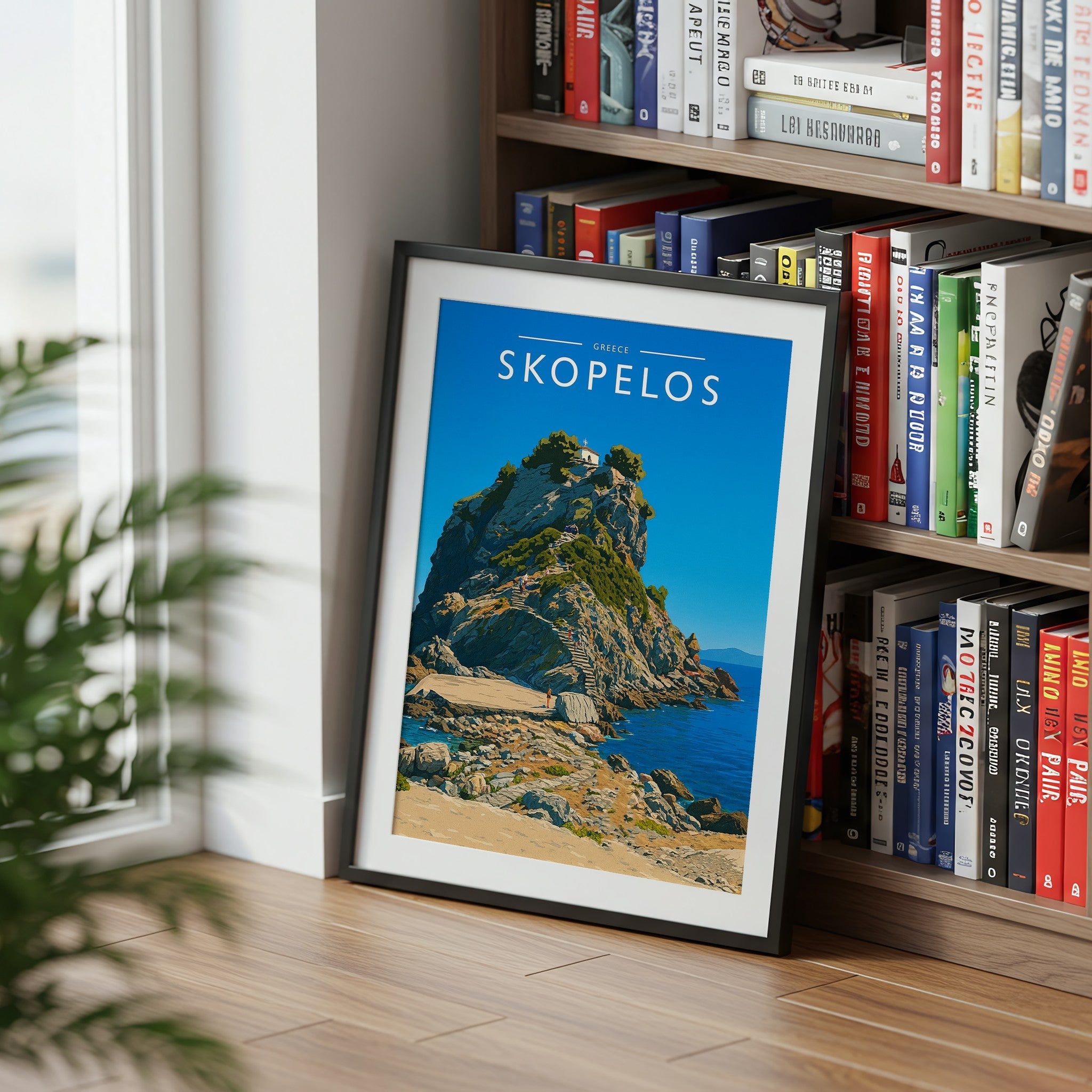 Skopelos Travel Poster mounted in a black frame