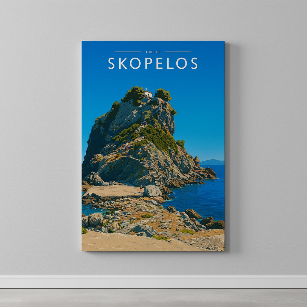 Skopelos Travel Poster as a gallery-wrapped canvas on a plain wall