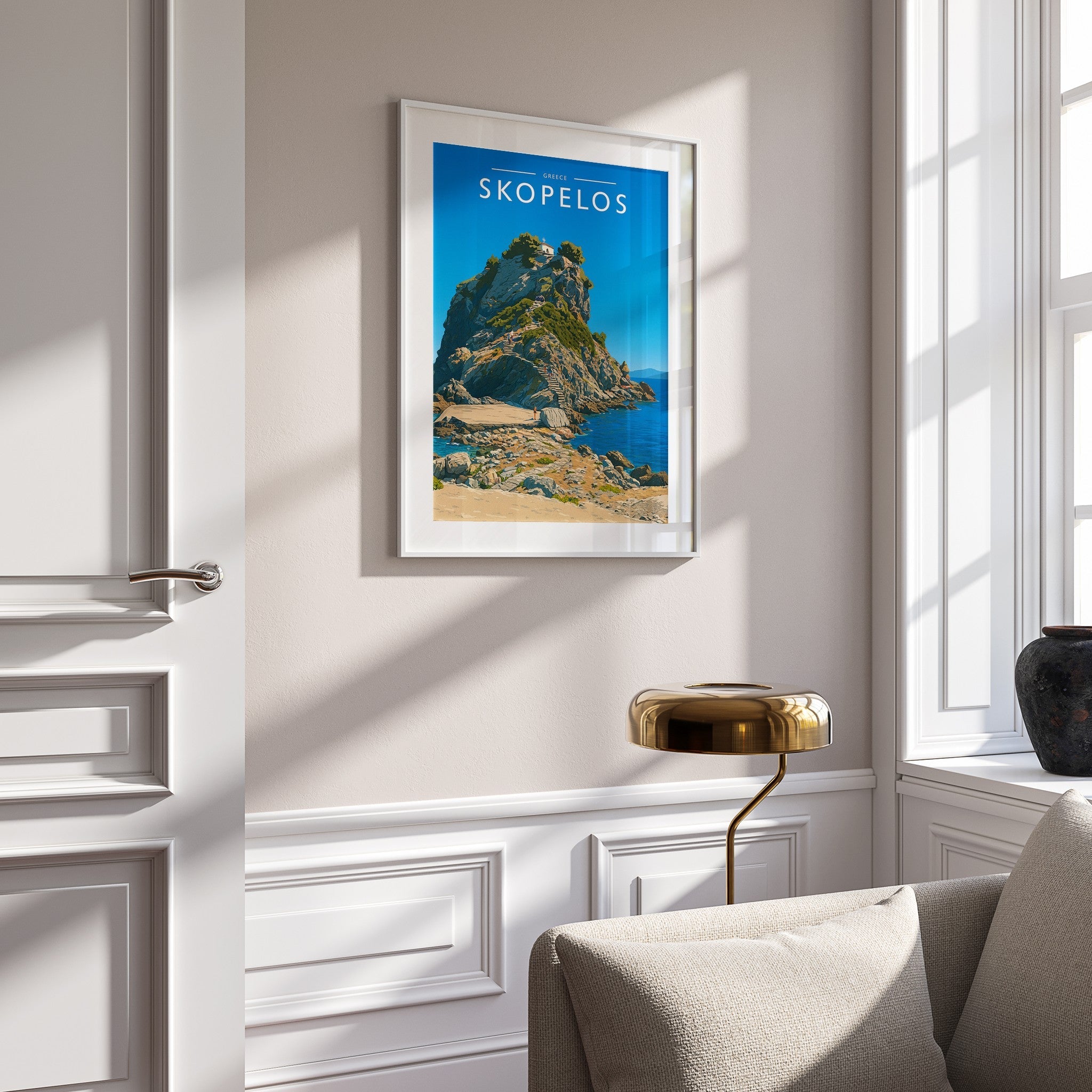 Skopelos Travel Poster mounted in a white frame
