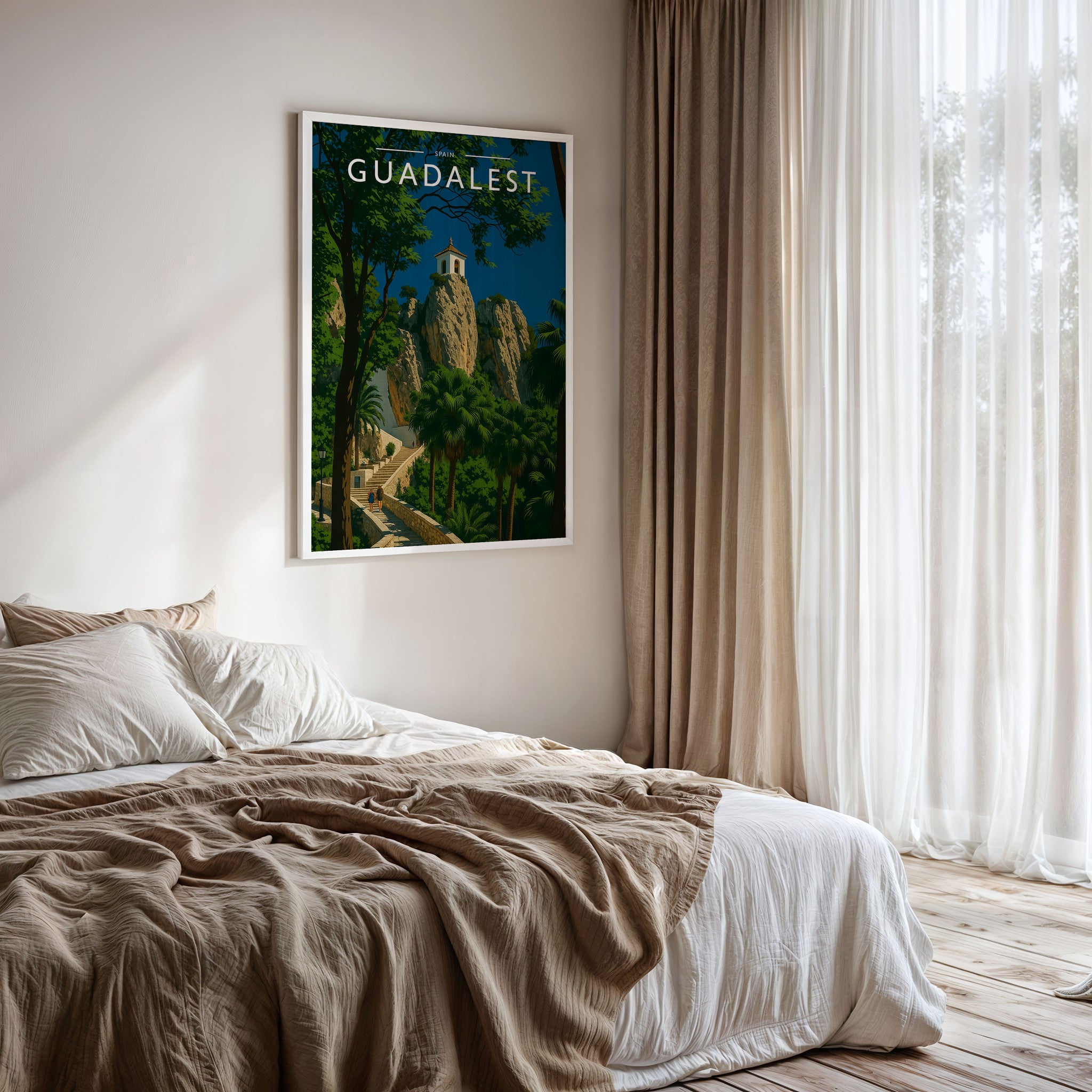 Guadalest Travel Poster framed on a bedroom wall
