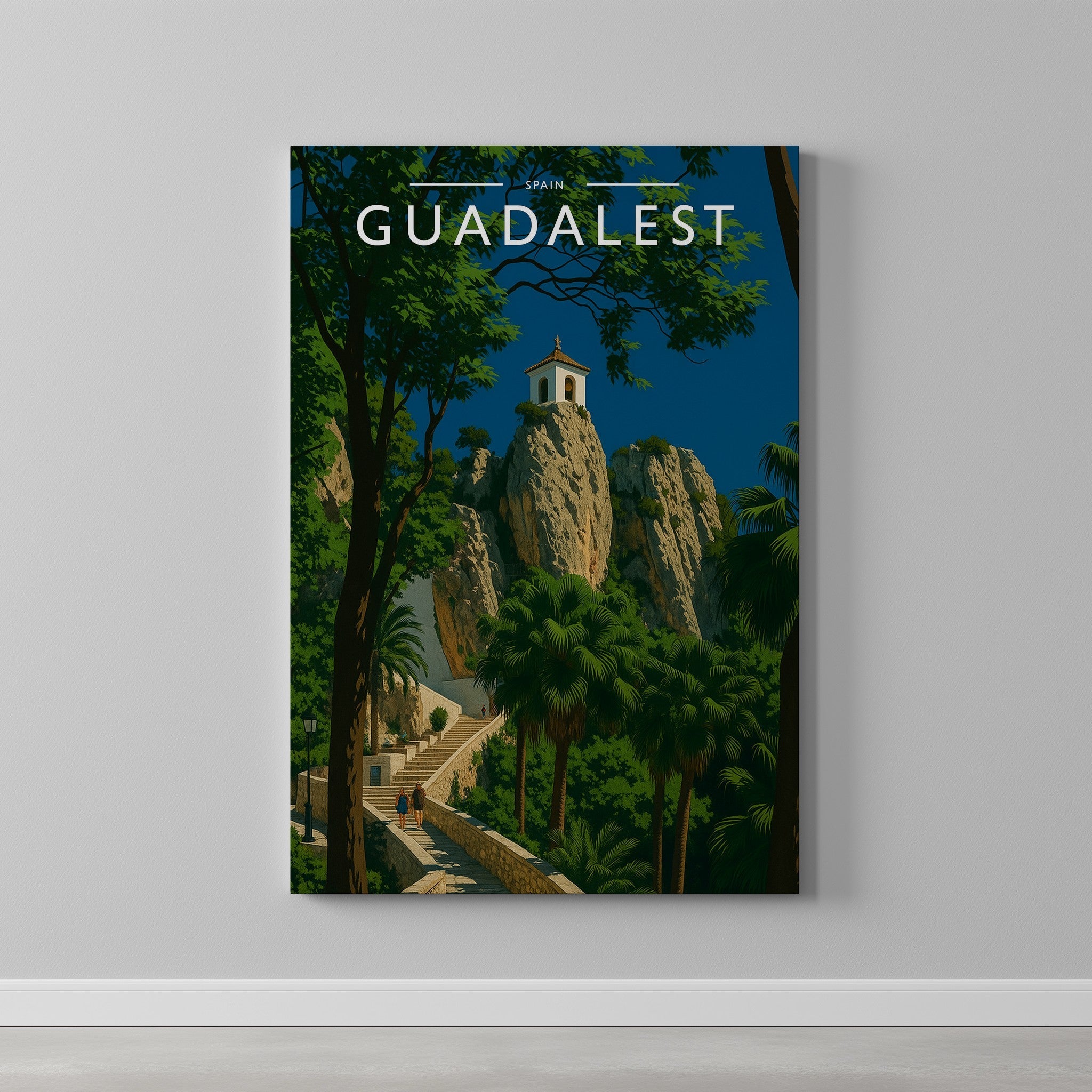 Guadalest Travel Poster as a gallery-wrapped canvas on a plain wall