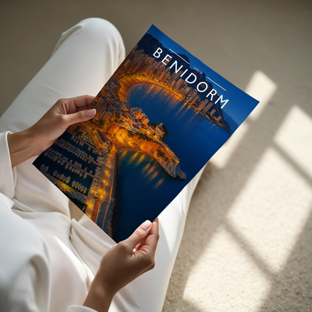 Benidorm Travel Poster - A4 print held in hand