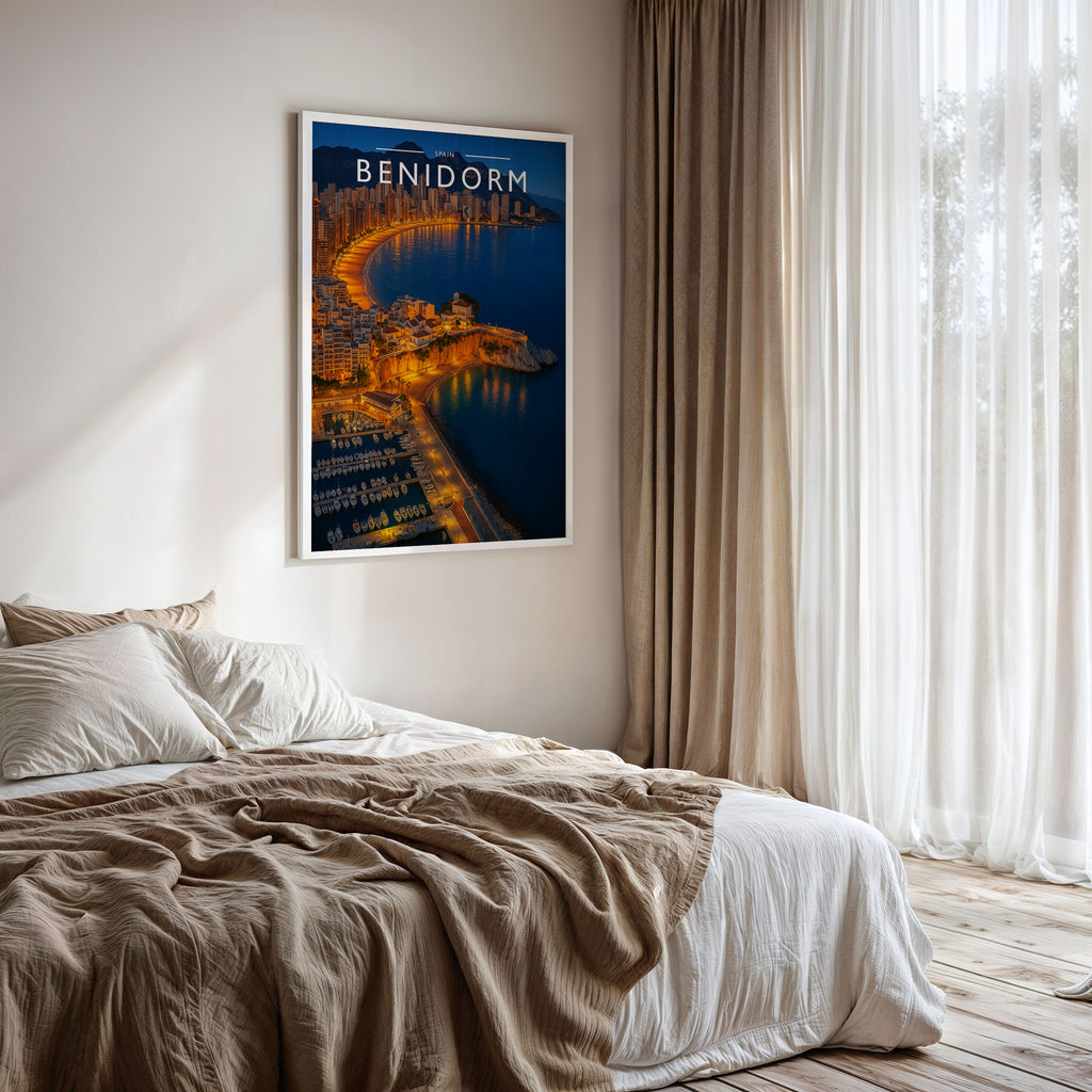 Benidorm Travel Poster framed on a bedroom wall