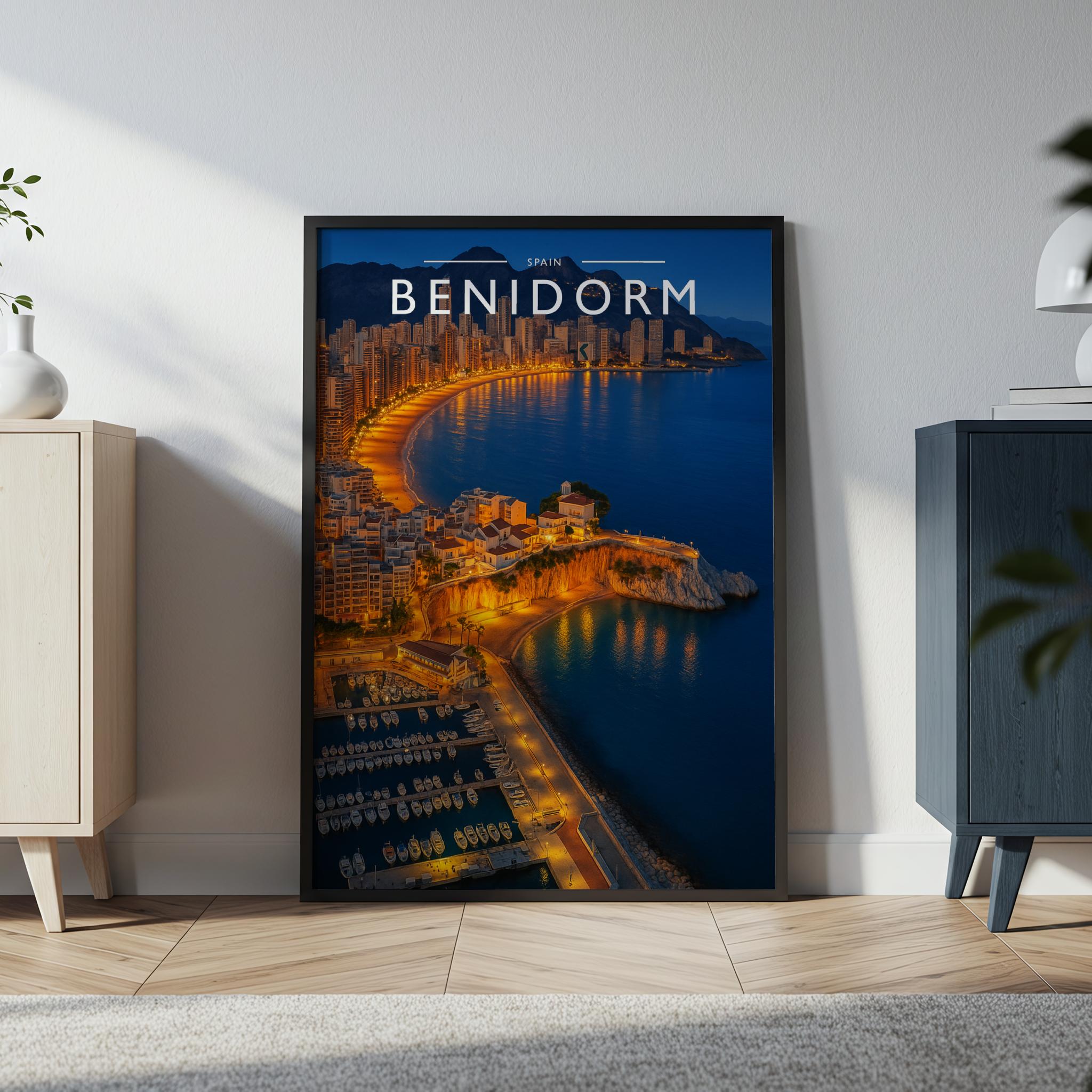 Benidorm Travel Poster in a black frame