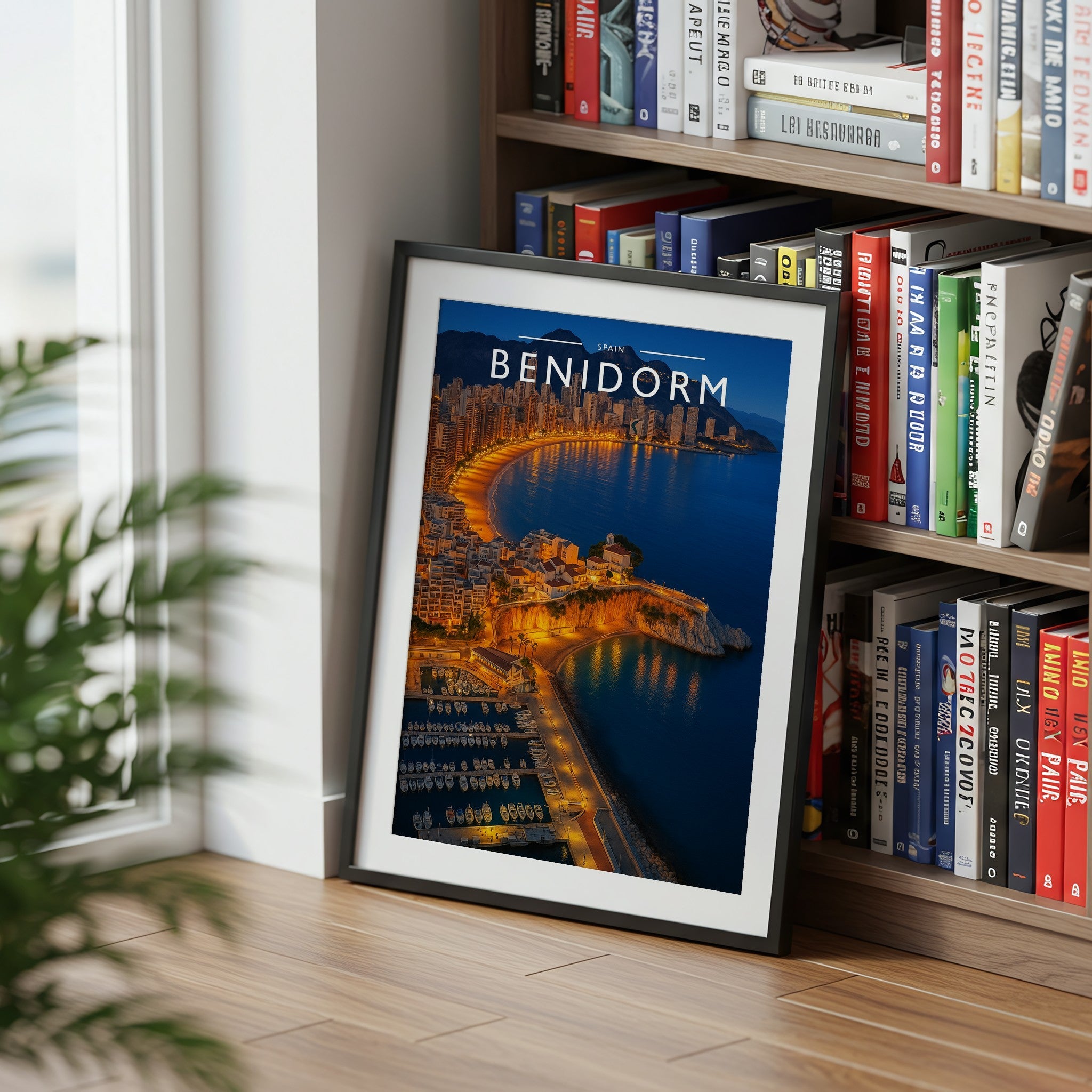 Benidorm Travel Poster mounted in a black frame