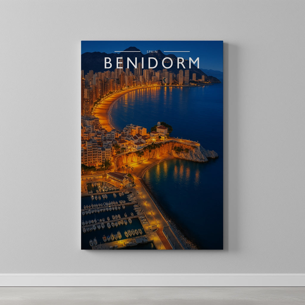 Benidorm Travel Poster as a gallery-wrapped canvas on a plain wall