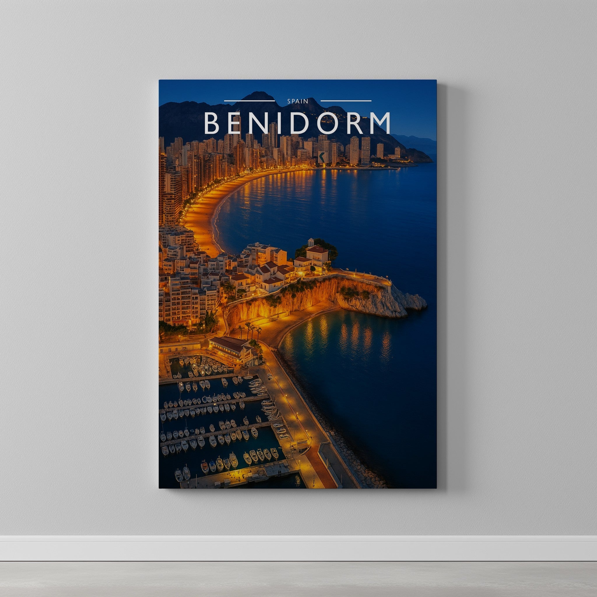 Benidorm Travel Poster as a gallery-wrapped canvas on a plain wall