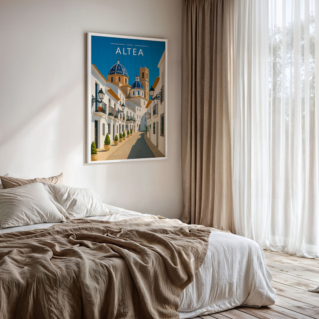 Altea Travel Poster framed on a bedroom wall