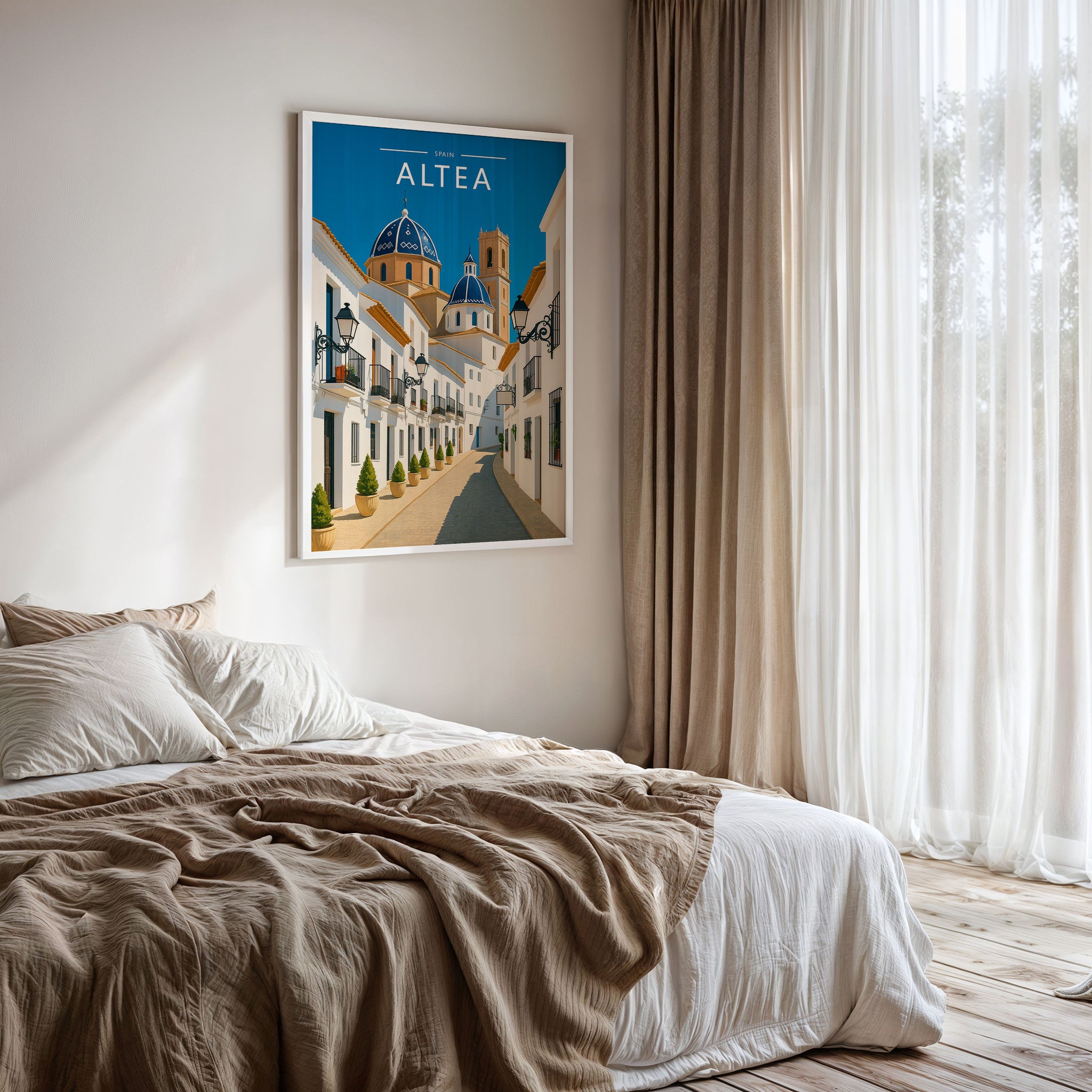 Altea Travel Poster framed on a bedroom wall