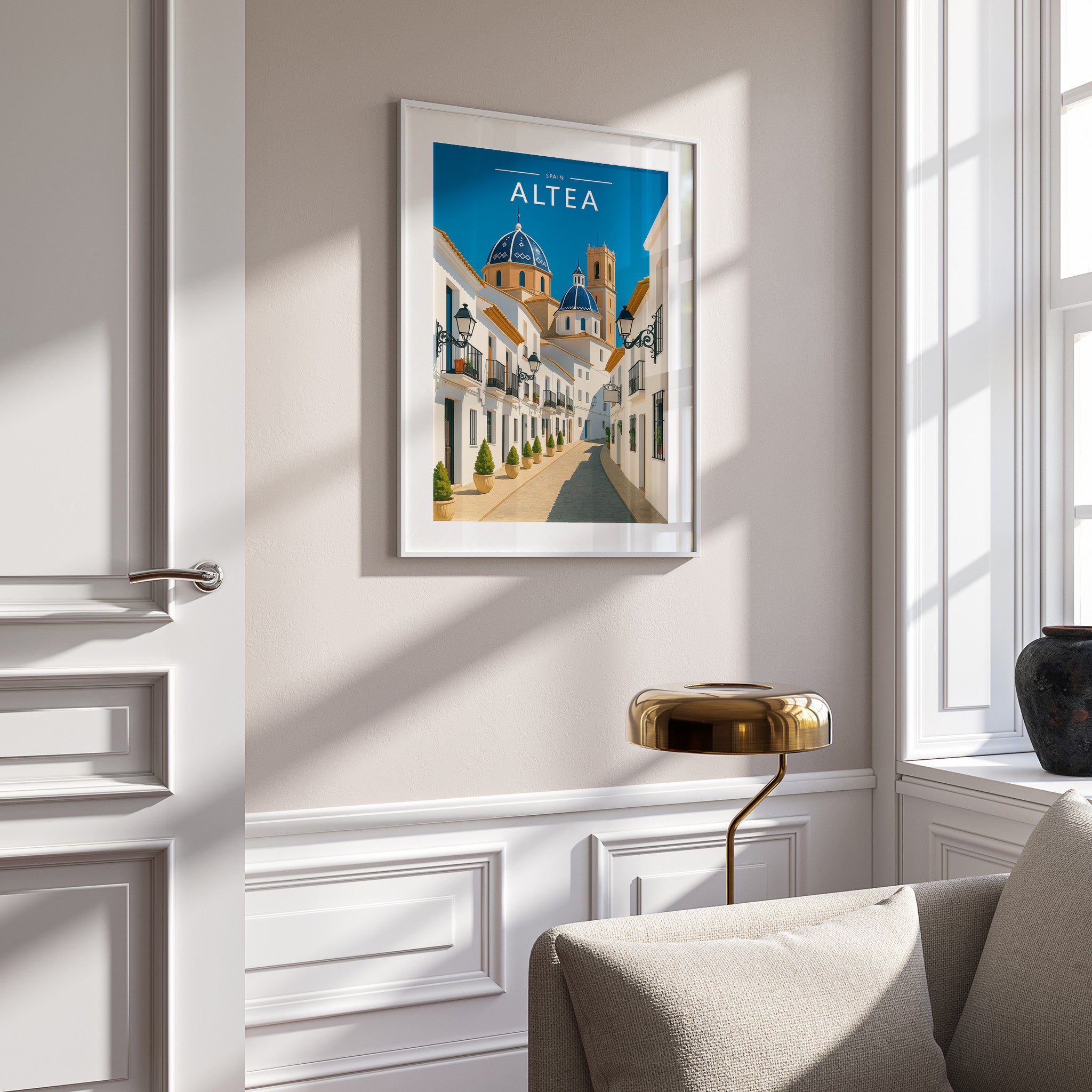 Altea Travel Poster in a white frame on a panelled wall