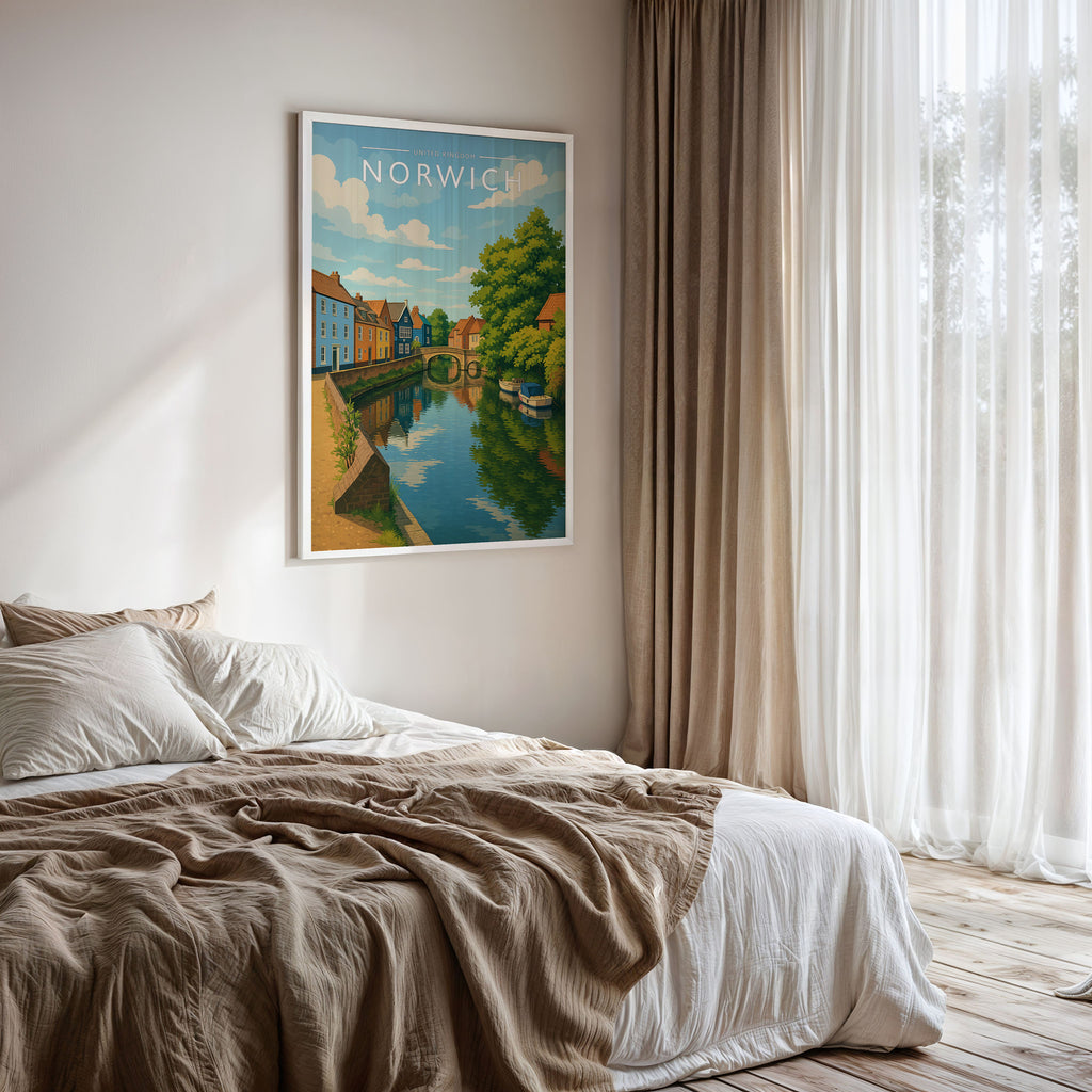 Norwich #2 Travel Poster framed on a bedroom wall