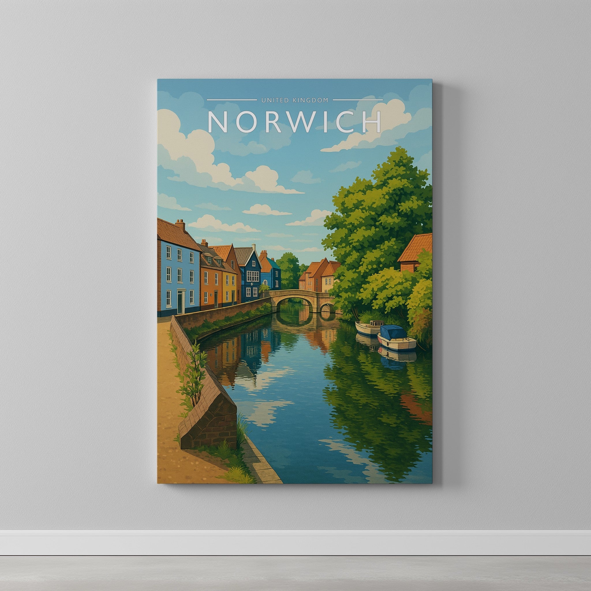Norwich #2 Travel Poster as a gallery-wrapped canvas on a plain wall