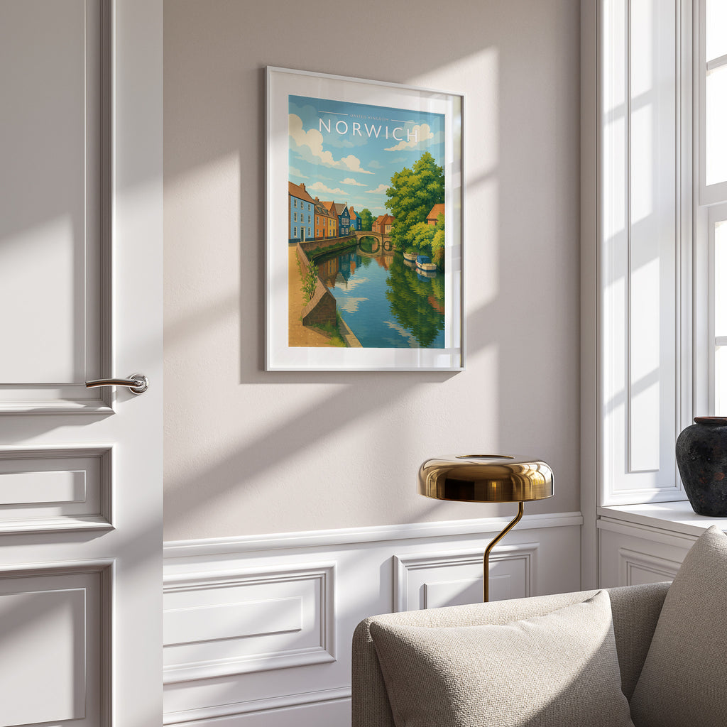 Norwich #2 Travel Poster in a white frame on a panelled wall