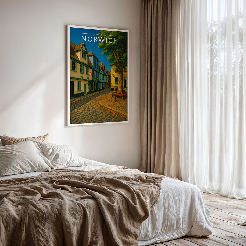 Norwich #3 Travel Poster framed on a bedroom wall
