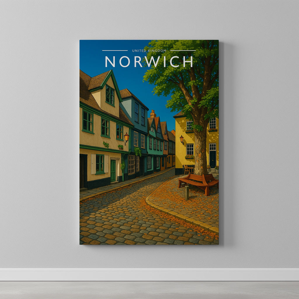 Norwich #3 Travel Poster as a gallery-wrapped canvas on a plain wall