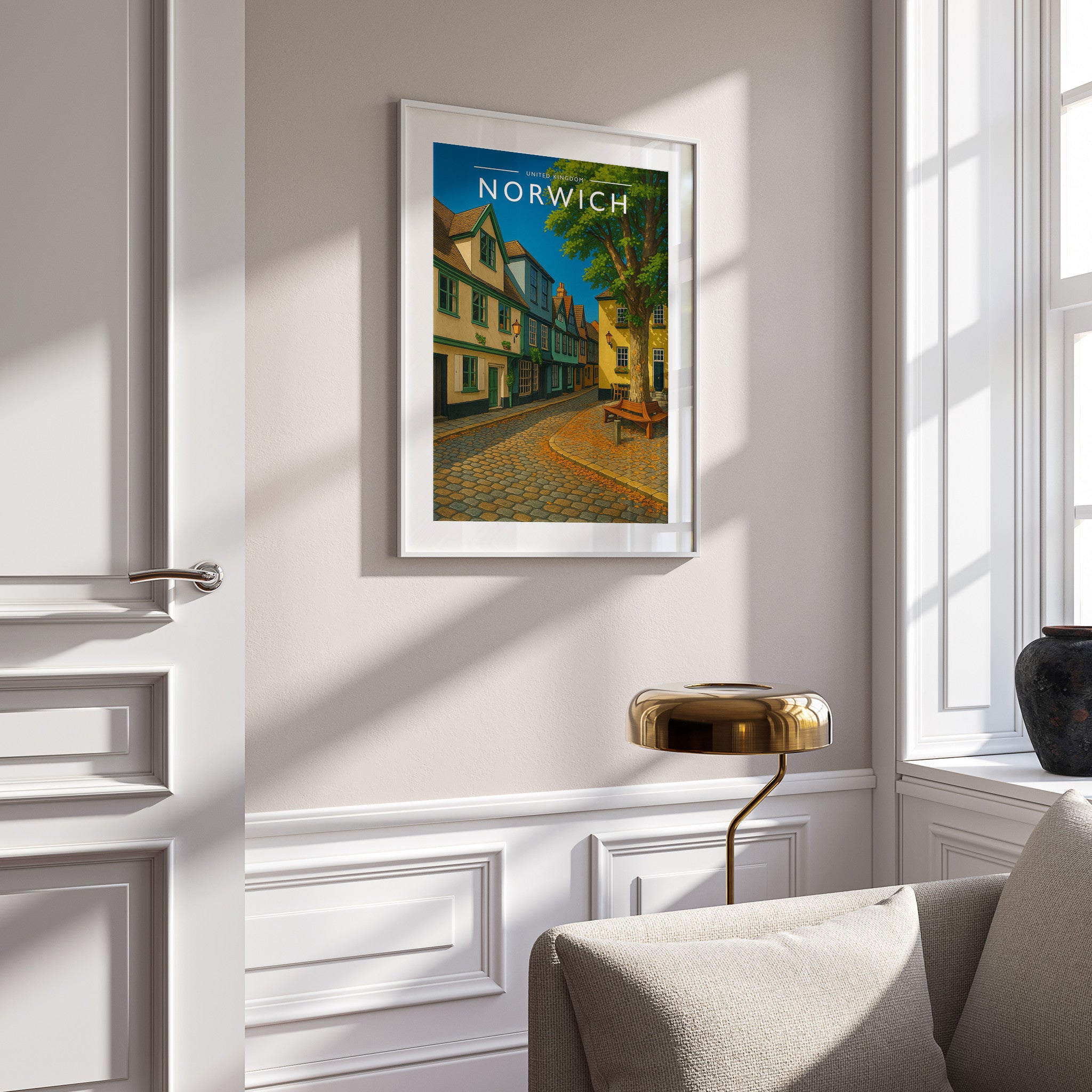 Norwich #3 Travel Poster in a white frame on a panelled wall