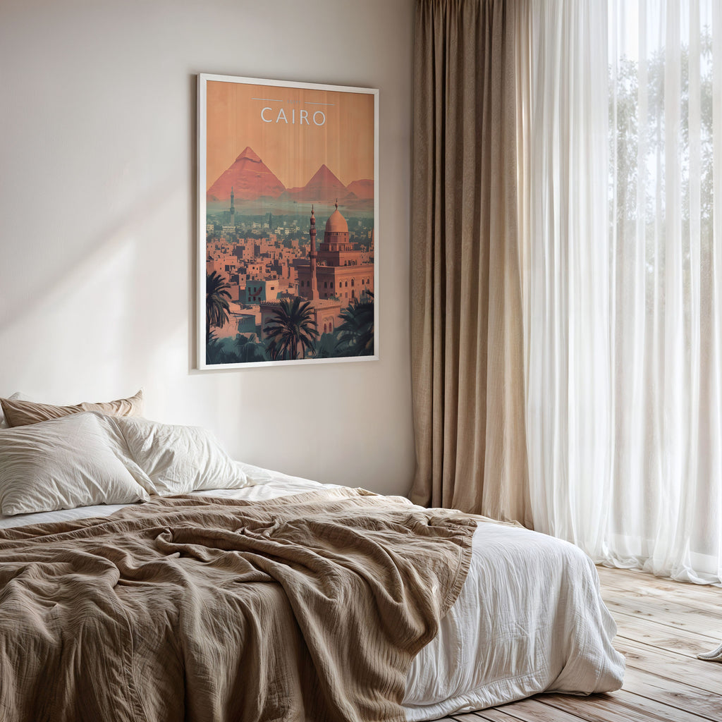 Cairo Travel Poster framed on a bedroom wall