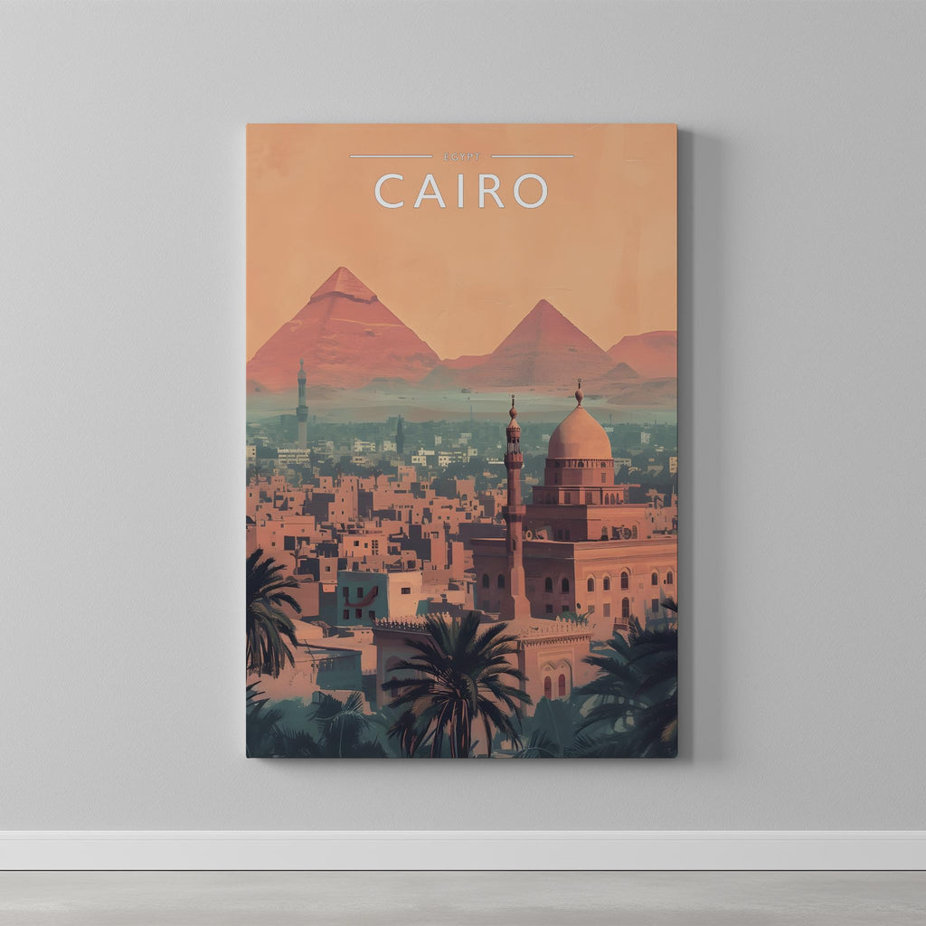 Cairo Travel Poster as a gallery-wrapped canvas on a plain wall