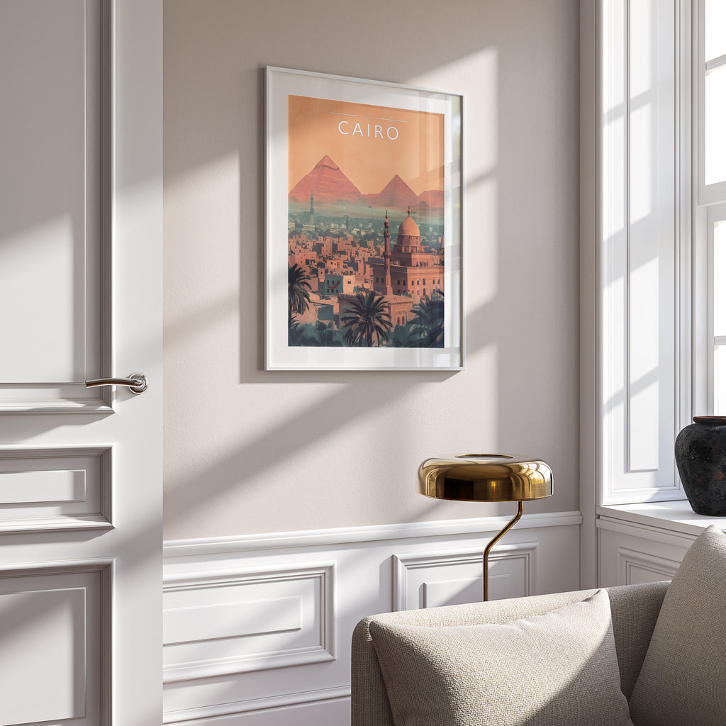 Cairo Travel Poster in a white frame on a panelled wall