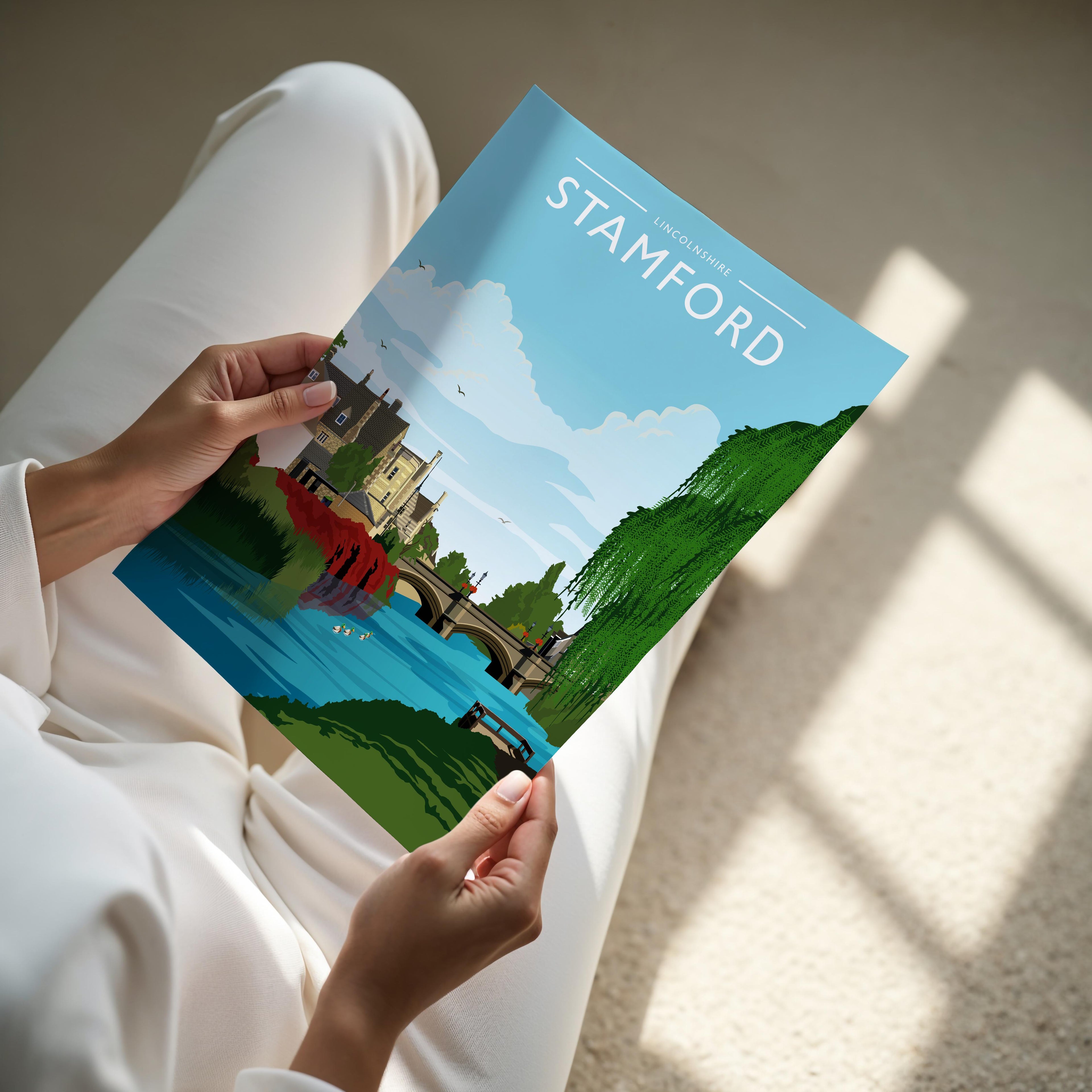 Stamford Travel Poster - A4 print held in hand