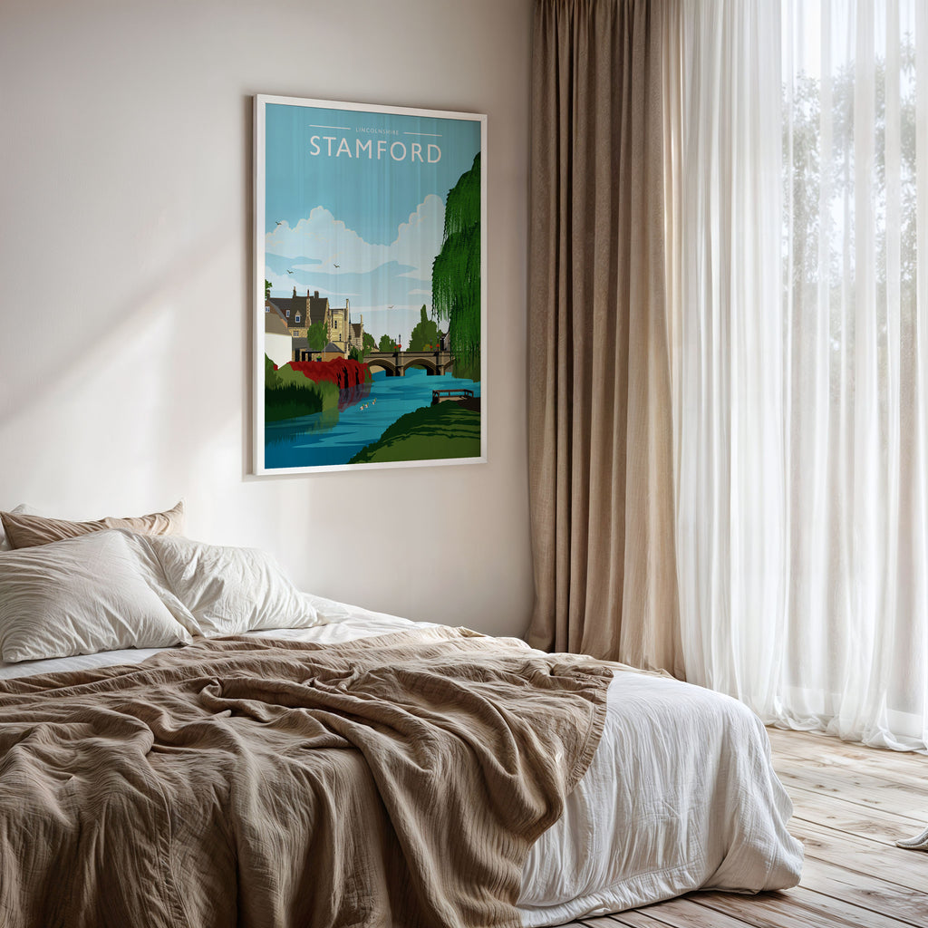 Stamford Travel Poster framed on a bedroom wall