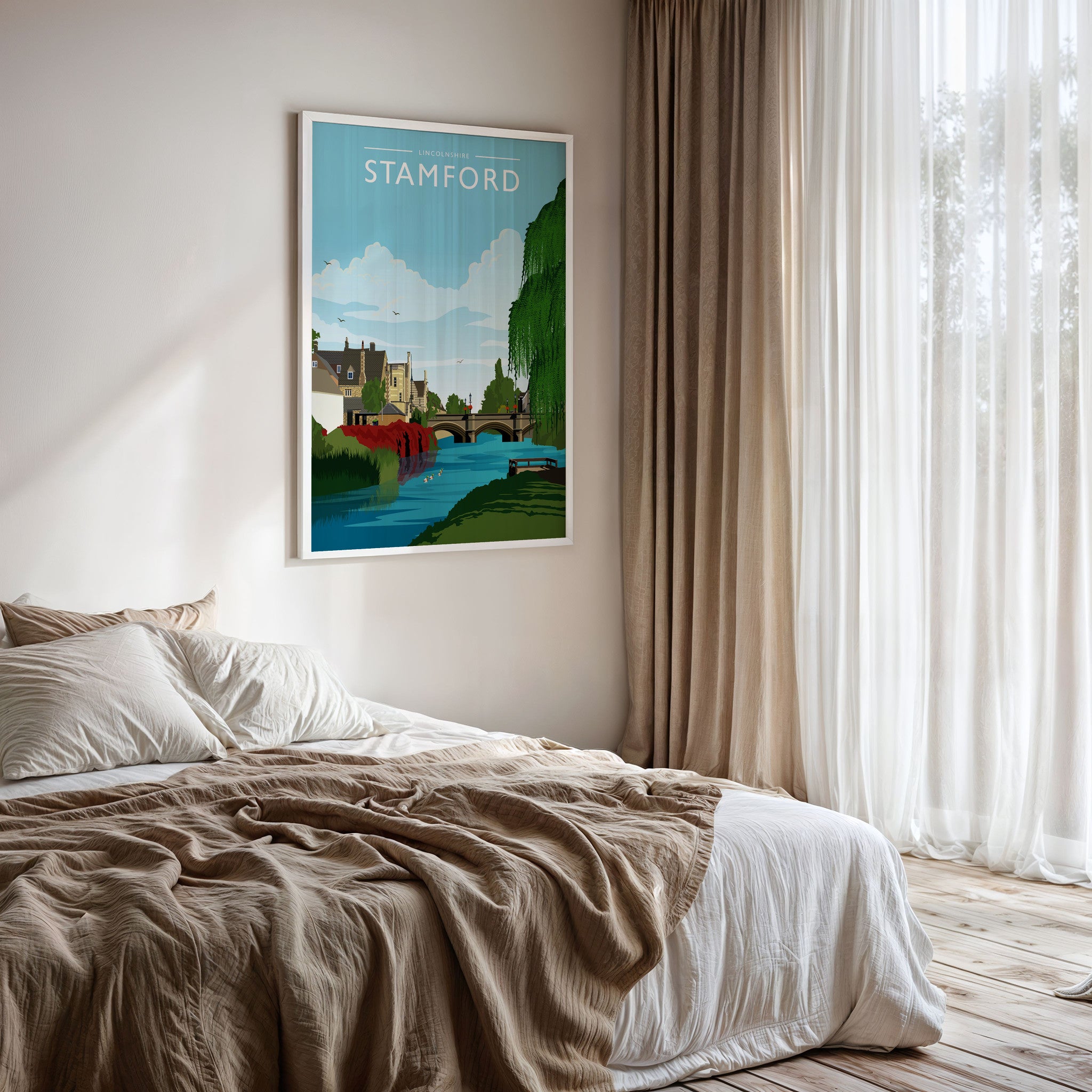 Stamford Travel Poster framed on a bedroom wall