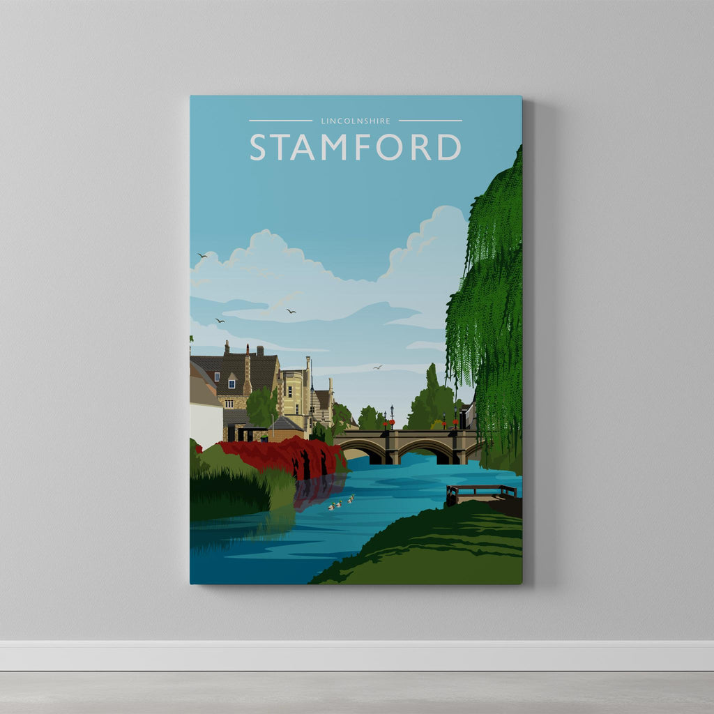 Stamford Travel Poster as a gallery-wrapped canvas on a plain wall